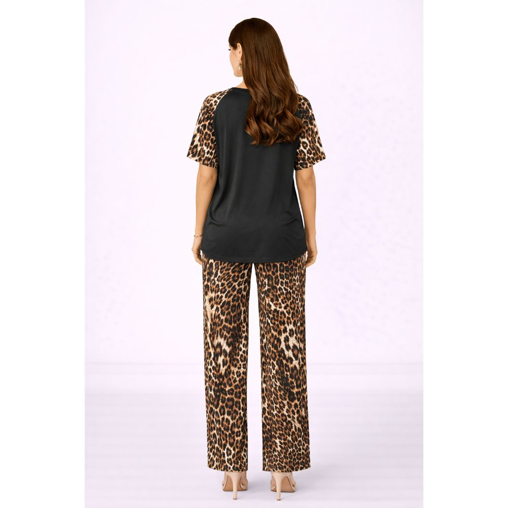Womens Black & Leopard Print Two Piece Lounge Set
